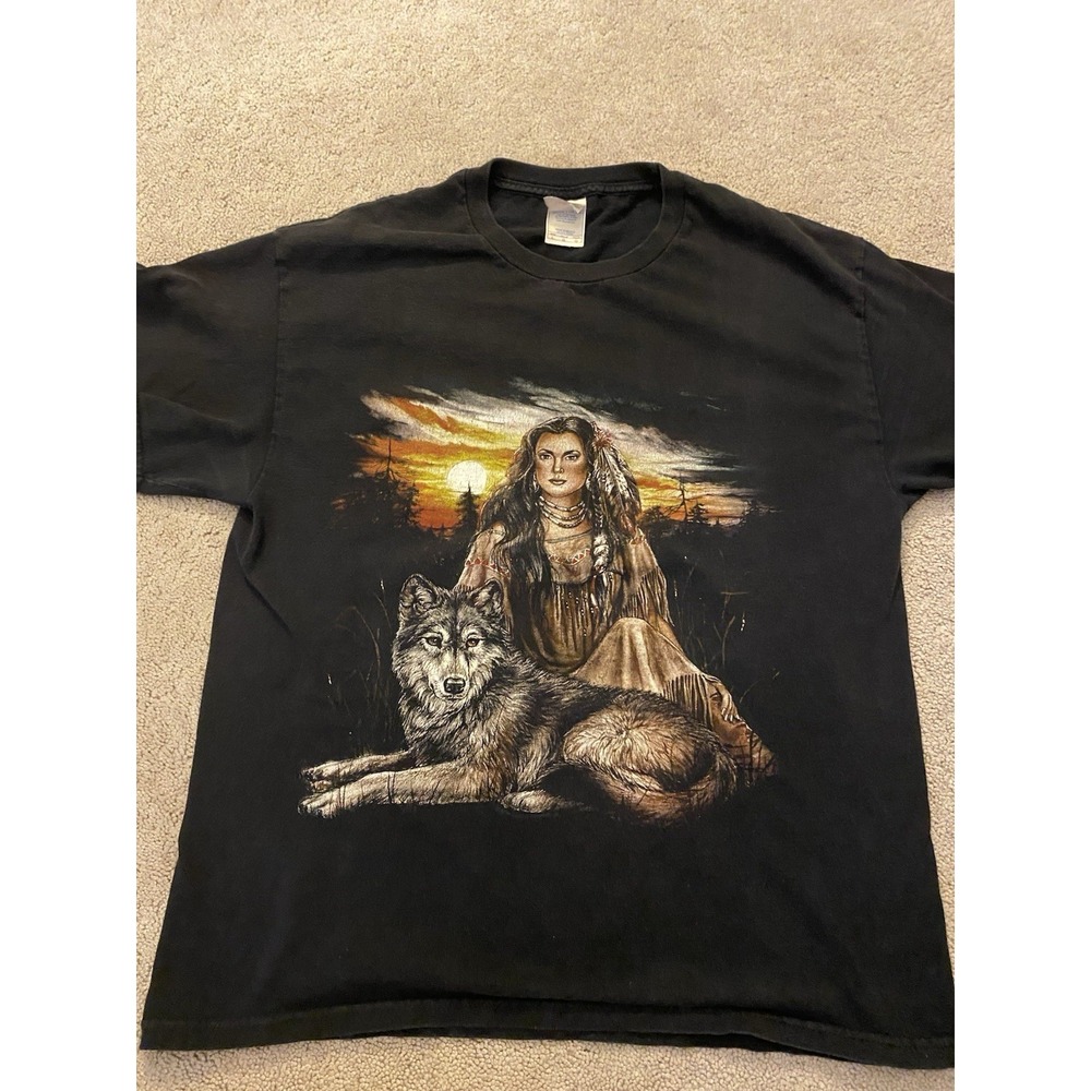 Vintage 90s American Thunder Wolf Nature Retro Causal Essential Tee T-Shirt L